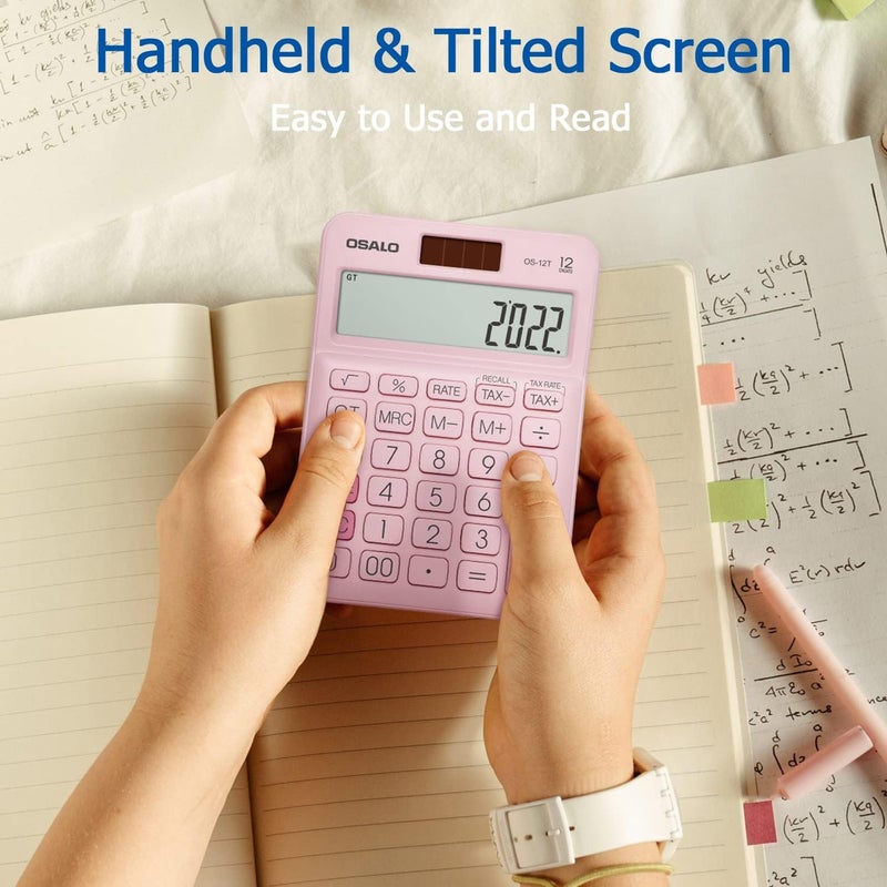Pendancy Pocket Small Size Desk Calculator, 12 Digit Large LCD Display, Basic Tax Function Handheld Desktop Calculator with Solar Battery Dual Power, Perfect for Office, School, Business OS-12T (Pink) - Image 3